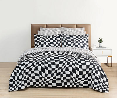 Euphoric Expression Black Wavy Checkerboard Reversible Twin 6-Piece Bed-in-a-Bag Set