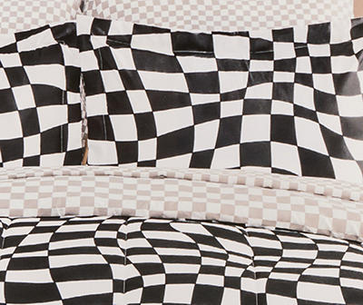 Euphoric Expression Black Wavy Checkerboard Reversible Queen 9-Piece Bed-in-a-Bag Set