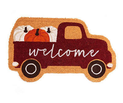 Autumn Air "Welcome" Red Pumpkin Truck Shaped Coir Doormat