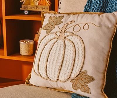 Autumn Air Beige Burlap Pumpkin Square Throw Pillow