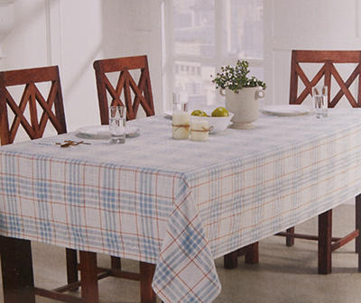 Harvest Meadow White & Blue Plaid Fabric Tablecloth