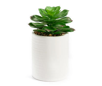 Mini Artificial Succulent in White Ribbed Ceramic Pot