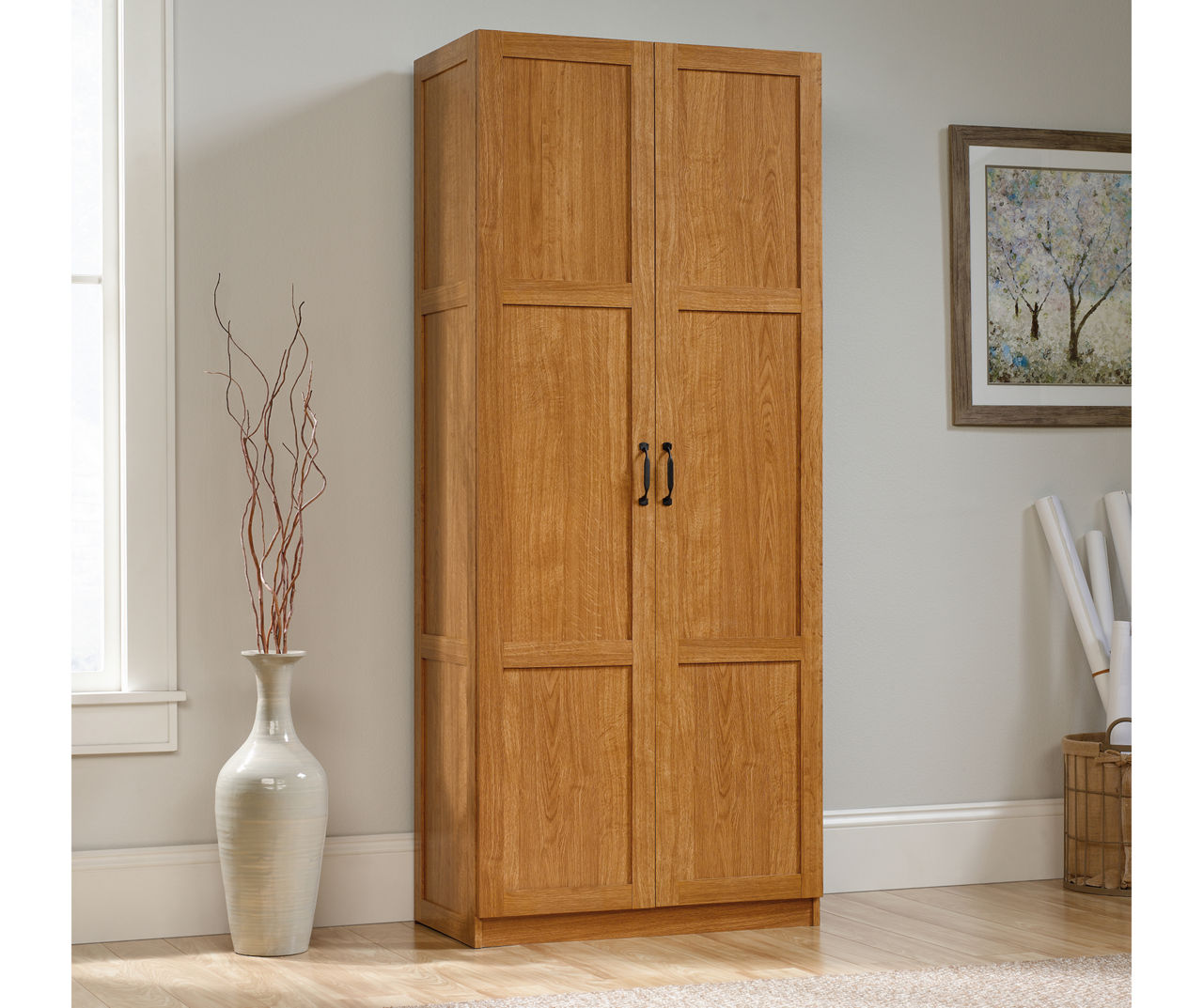 Sauder Two-Door Storage Cabinet in Blade Walnut