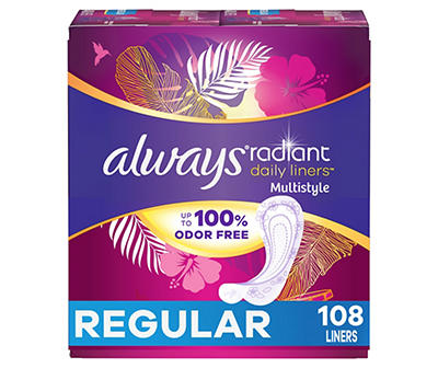 Always Radiant Daily Multistyle Liners Regular, Unscented, Up to 100% Odor-free, 108 CT