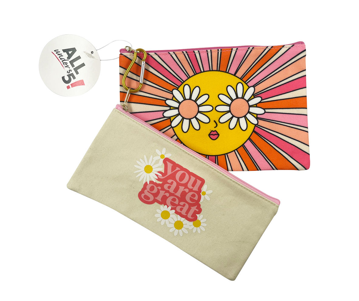"You Are Great" Pink & Flower Stripe Pencil Pouch Set
