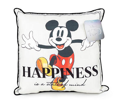 "Happiness" Mickey Mouse White Square Throw Pillow