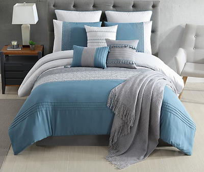 Hilden White & Blue Color Block King 10-Piece Bedding Set