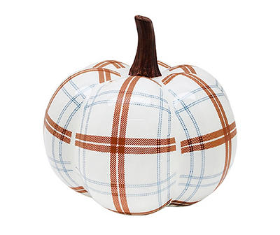 Autumn Air 4.9" White, Blue & Brown Plaid Ceramic Pumpkin