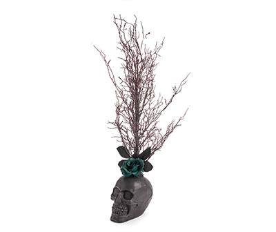 Dark Enchantment Artificial Twig Tree & Rose in Black Resin Skull
