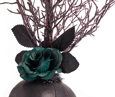 Dark Enchantment Artificial Twig Tree & Rose in Black Resin Skull
