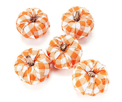 Harvest Meadow Orange & White Plaid Fabric Mini Pumpkins, 5-Count