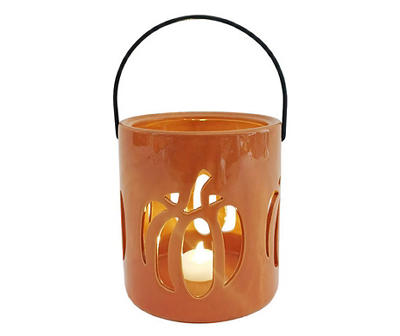 Orange Pumpkin Cut-Out Ceramic LED Candle Lantern