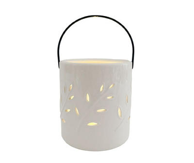 White Leaf Cut-Out Ceramic LED Candle Lantern