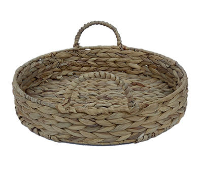 Brown Woven Round Water Hyacinth Decorative Tray, (12