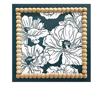 Dark Teal & White Floral I Canvas Art With Beaded Border