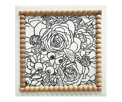 Dark Teal & White Floral II Canvas Art With Beaded Border