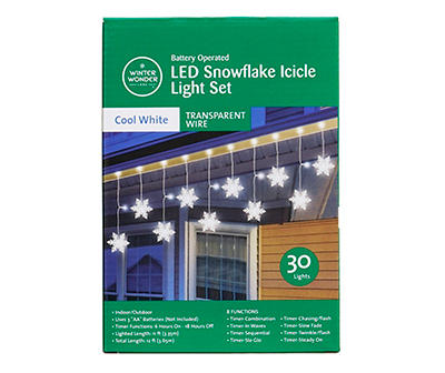 Cool White Snowflake LED Icicle Light Set, 30-Lights