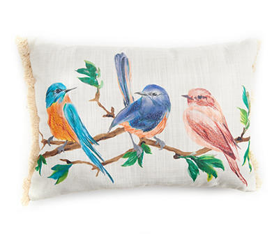 White & Multi-Color Birds Rectangle Throw Pillow