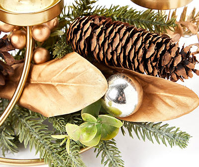 Festive Gathering Gold 4-Tier LED Votive Candle Centerpiece with Pine, Leaves and Berries