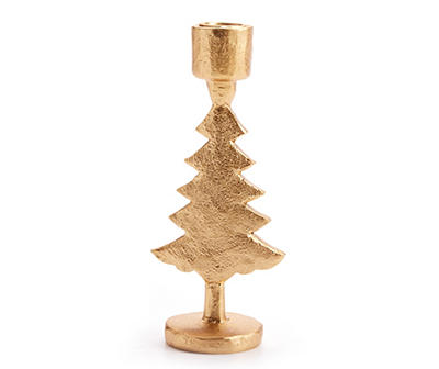 Festive Gathering Gold Tree Resin & Metal Taper Candle Holder, (7.5")