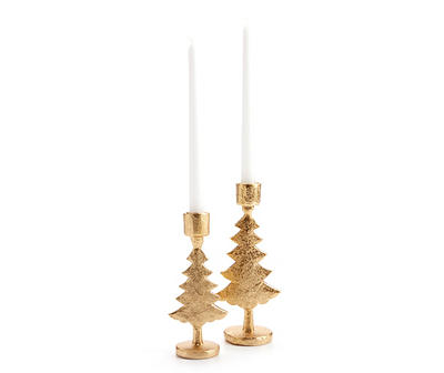 Festive Gathering Gold Tree Resin & Metal Taper Candle Holder, (7.5")