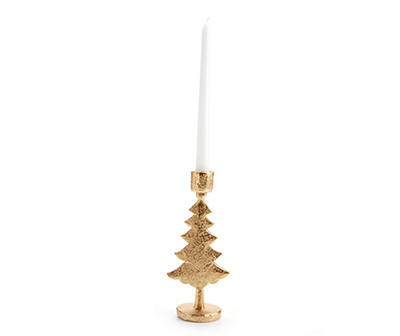 Festive Gathering Gold Tree Resin & Metal Taper Candle Holder, (9.1")