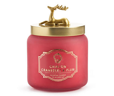 Crimson Cranberry & Plum Reindeer Lid Frosted Glass Candle, 15 Oz.