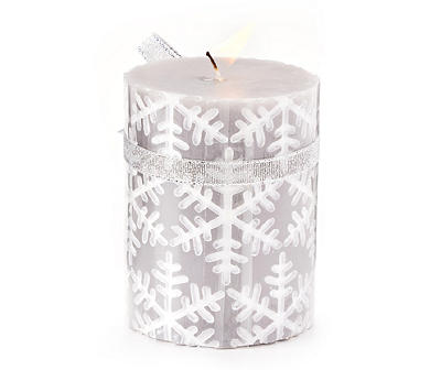 Frosted Forest Silver Snowflake Pillar Candle, (4")