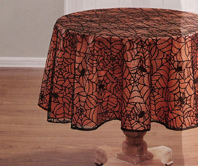 Let's Party Pumpkin Black & Orange Spiderweb Lace Round Fabric Tablecloth, (60")
