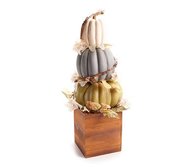 Harvest Meadow 29" White, Blue & Green LED Pumpkin Stack in Wood Box