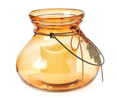Autumn Air Orange Glass LED Lantern with Leaf