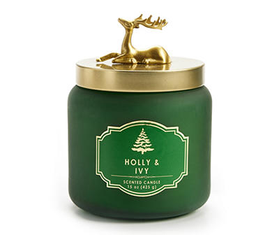 Holly & Ivy Reindeer Lid Frosted Glass Candle, 15 Oz.