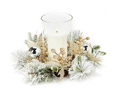 Frosted Forest Pillar Candle Hurricane with Snowy Wreath Ring