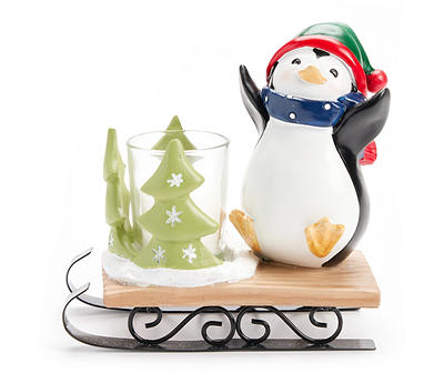 Santa's Workshop Penguin On Sleigh Votive Candle Holder