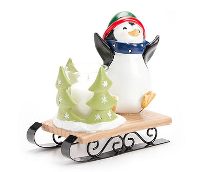 Santa's Workshop Penguin On Sleigh Votive Candle Holder