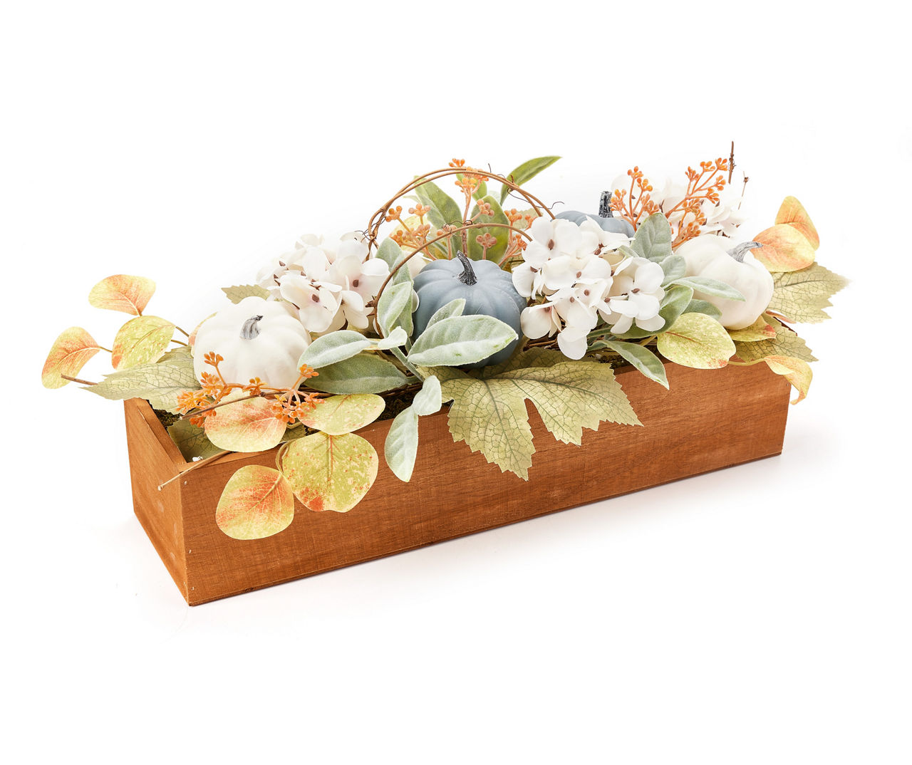 Harvest Meadow Hydrangea, Pumpkin & Leaf Arrangement in Wood Box