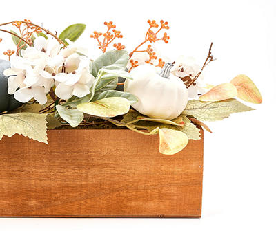 Harvest Meadow Hydrangea, Pumpkin & Leaf Arrangement in Wood Box