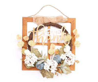 Harvest Meadow "Give Thanks" Window Frame & Floral Twig Wreath Hanging Wall Decor