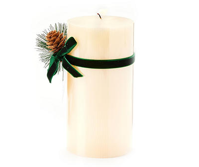 Festive Gathering White Pillar Candle with Green Bow, (6")