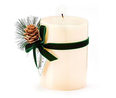 Festive Gathering White Pillar Candle with Green Bow, (4