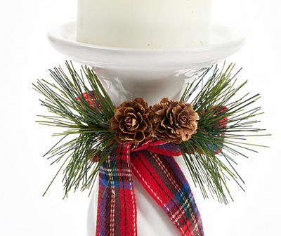 Santa's Workshop Plaid Bow & Greenery Ceramic Pillar Candle Holder, (10")