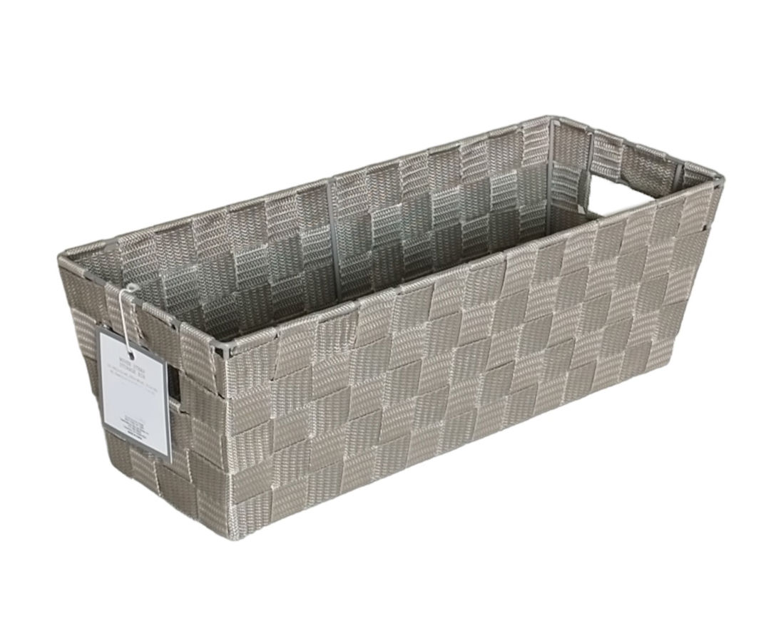 Taupe Narrow Woven Strap Storage Bin, (16")