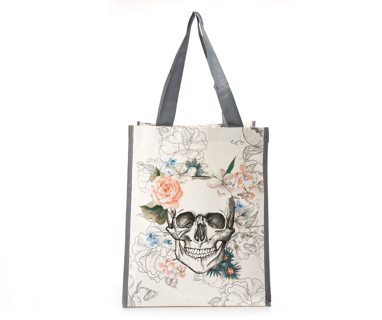 White & Pink Floral Skull Small Reusable Tote | Big Lots