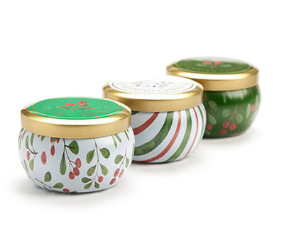Fresh Balsam, Santa's Cookies & Cinnamon Cheer Holly Berry Tin Candle Gift Set, 3-Pack