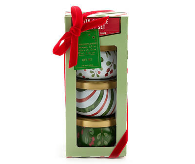Fresh Balsam, Santa's Cookies & Cinnamon Cheer Holly Berry Tin Candle Gift Set, 3-Pack