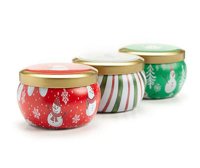 Fresh Balsam, Santa's Cookies & Cinnamon Cheer Snowman Tin Candle Gift Set, 3-Pack