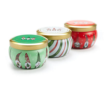 Fresh Balsam, Santa's Cookies & Cinnamon Cheer Gnome Tin Candle Gift Set, 3-Pack
