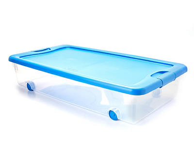 Clear & Summer Blue Wheeled Latching Storage Tote, 56-Qt.