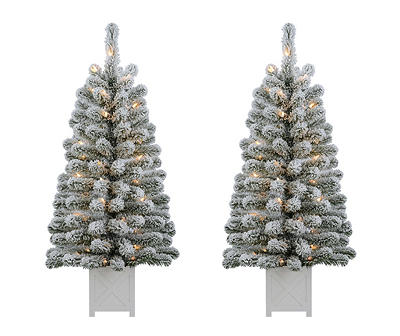 3.5' Flocked Pre-Lit Artificial Christmas Potted Trees, 2-Pack