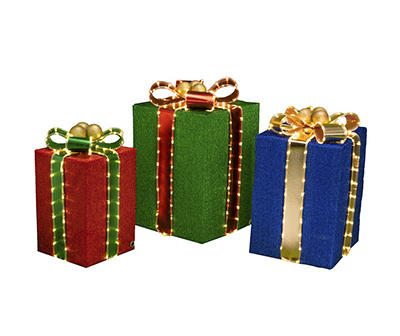 Red, Green & Blue Gift Box 3-Piece LED Decor Set